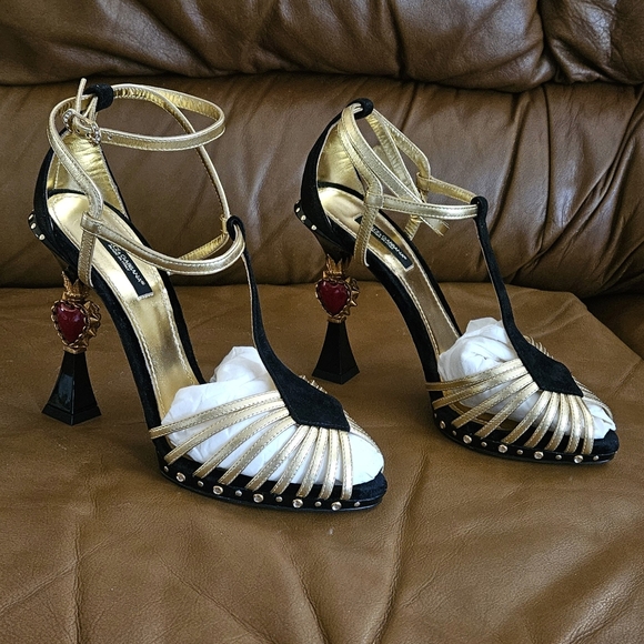 Dolce & Gabbana Black Suede Metallic Gold Leather Luxury Heels Size 8 US (MINT) - Picture 6 of 16